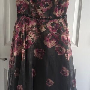 Black Floral Strapless Evening Dress with Pink Rose Print
